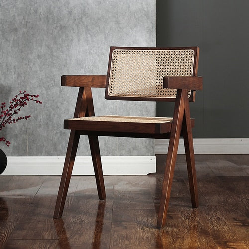 Walnut colour Replica Pierre Jeanneret Rattan Wooden V-leg Dining Chair with Arm Rests